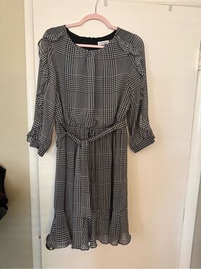 Calvin Klein Black and White Houndstooth Midi Dress with Belt